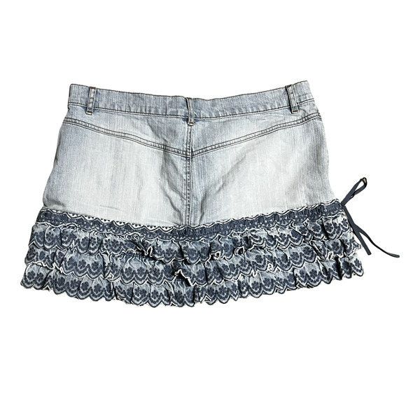 London Jean Mini Skirt Womens 12 Denim Ruffle Lace Boho Festival Embroidered - Picture 2 of 10